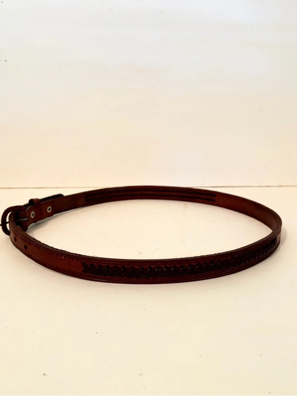 Brown Leather Braided Inset & Tooled Border Belt